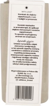 Tylna, jasna etykieta opakowania kominka zapachowego With Love. Widoczne polskie instrukcje i kod kreskowy.