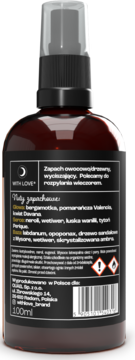 Brązowa butelka sprayu WITH LOVE 100ml, tył z czarną etykietą zawierającą składniki, nuty owocowo-drzewne i kod kreskowy.