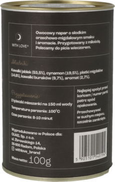 Puszka naparu owocowego With Love 100g, tył opakowania z polskim opisem smaku orzechowo-migdałowego.