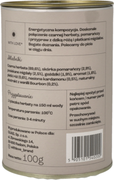 Tył puszki herbaty WITH LOVE: czarna herbata z pomarańczą, migdałami, przyprawami, 100g, widoczne etykiety.