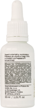 Tył białej butelki olejku With Love Balance 30ml z orientalnym zapachem, opis produktu, dane producenta.