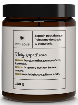 Świeca zapachowa Wdzięczność w ciemnym słoiku, tył z etykietą i nutami bergamotki, pomarańczy, mchu.