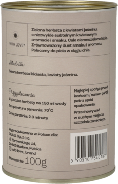 Tył beżowej cylindrycznej puszki herbaty zielonej z jaśminem, 100g. Widoczne instrukcje i składniki.