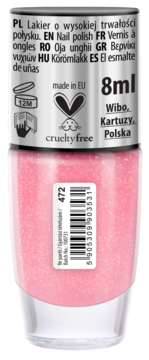 Różowy brokatowy lakier Wibo Classic nr 472, butelka 8ml, widok z przodu z etykietą produktu.