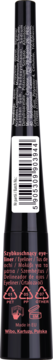 Tył czarnego, płynnego eyelinera w stożkowej butelce, z kodem kreskowym i symbolami recyklingu.