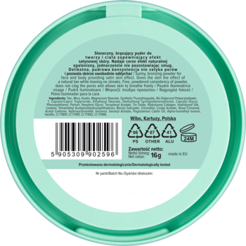 Tył miętowo-zielonego, okrągłego opakowania brązującego pudru do twarzy i ciała, z etykietą, tekstem PL i kodem.