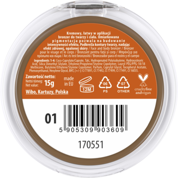 Tył brązowego, okrągłego bronzera Lovely Creamy Pudding nr 01, z kodem kreskowym i etykietą produktu.