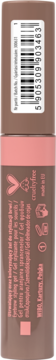 Tył brązowo-różowego opakowania żelu do brwi Lovely Slay With Brows, z kodem kreskowym i ikonami.