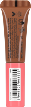 Tył brązowej tubki Lovely Glossy Eyebrow Glue, z kodem kreskowym, opisem i symbolem cruelty-free.