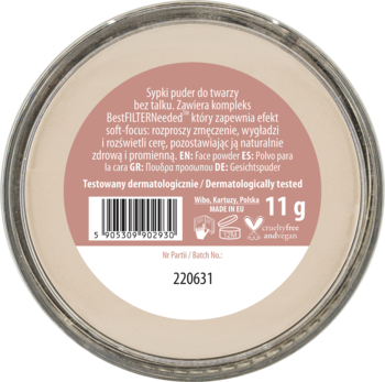 Widok z góry tylnej etykiety sypkiego pudru do twarzy z 11g, BestFILTERNeeded, testowany dermatologicznie.