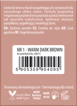 Tył opakowania pudru do brwi NR 1 Warm Dark Brown. Widoczny kod kreskowy, ikony cruelty-free i PAO 12M.