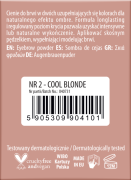 Tył opakowania cieni do brwi NAM NR 2 Cool Blonde z kodem kreskowym, opisem i certyfikatami.