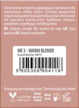 Tył beżowego opakowania cieni do brwi NAM Warm Blonde, z widocznym napisem "NR 3" i kodem kreskowym.