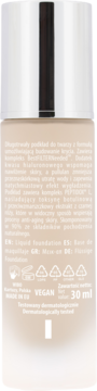 Tył butelki beżowego wegańskiego podkładu do twarzy 30ml z opisem produktu i symbolami, srebrna nakrętka.