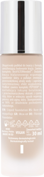 Tył beżowej butelki długotrwałego podkładu do twarzy 30ml ze srebrną pompką, widoczne polskie napisy i ikony.