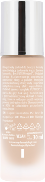 Tył szklanej butelki beżowego wegańskiego podkładu do twarzy 30ml z metalową nakrętką i białym tekstem.