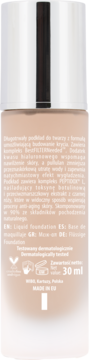 Tył beżowego płynnego podkładu do twarzy 30 ml w butelce z jasnym wieczkiem i czarną pompką. Widoczne etykiety i symbole.