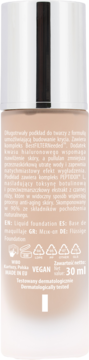 Tył butelki długotrwałego wegańskiego podkładu do twarzy 30ml, jasnobeżowy, z widocznym opisem i logo.