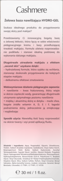 Przednia strona opakowania Cashmere Żelowej bazy nawilżającej HYDRO-GEL 30ml, biało-różowa z tekstem.