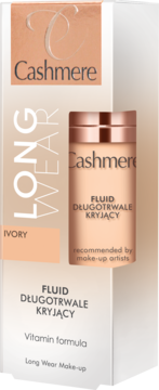 Cashmere Long Wear Fluid Długotrwałe Kryjący Ivory, butelka i kartonik w beżowo-różowym designie.