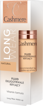 Cashmere Long Wear Make-up, podkład w beżowej butelce, widoczny w częściowo otwartym białym pudełku.