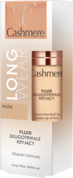 Cashmere Long Wear podkład Nude, beżowy, matujący fluid z witaminami, w butelce i kartoniku, widok z przodu.
