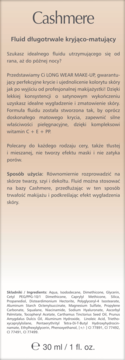 Tył opakowania fluidu Cashmere 30ml, z opisem długotrwale kryjąco-matujących właściwości i składem.