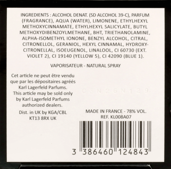 Tył opakowania Karl Lagerfeld Fleur De The z listą składników, kodem kreskowym i napisem "MADE IN FRANCE".