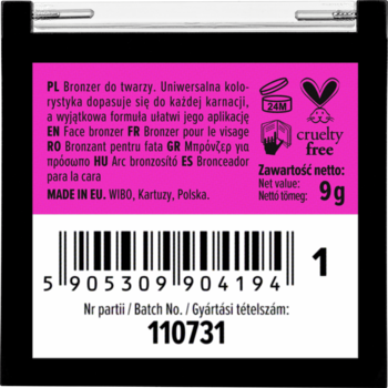 Tył bronzera Wibo Fake But Fabulous: różowa etykieta 9g, kod kreskowy, certyfikat cruelty-free i tekst info.