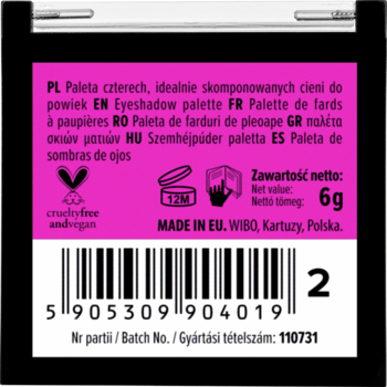 Tył czarnej paletki cieni Wibo Quattro z różową etykietą, logotypami, kodem kreskowym i danymi produktu.