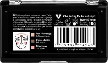 Tył czarnej palety Wibo 3 Steps Baked do konturowania z ilustracją, kodem kreskowym i opisem wagi 10g.