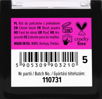 Tył czarnego opakowania różu WIBO Cheek to Cheek z kodem kreskowym, numerem partii i napisem cruelty free.
