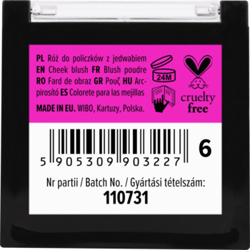 Tył czarnego kompaktu WIBO Cheek blush. Widoczna etykieta z tekstem w wielu językach, kodem kreskowym i logo cruelty free.