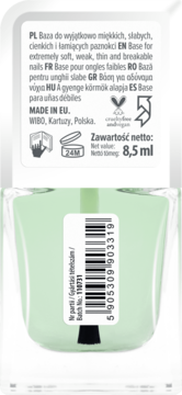 Tył butelki bazy WIBO Healthy Nails, 8,5ml, z zielonym płynem, etykieta o wzmocnieniu słabych paznokci.