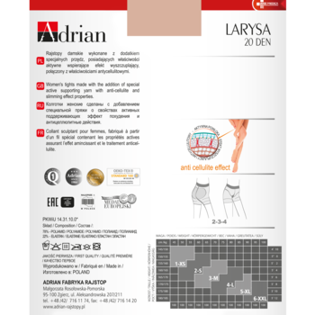 Adrian Larysa 20 DEN rajstopy, opakowanie z tekstem o efekcie antycellulitowym i wyszczuplającym figurę.