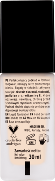 Tył butelki beżowego podkładu do twarzy z czarną nakrętką. Widoczna polska etykieta i napis cruelty-free.