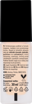 Tył opakowania podkładu do twarzy WIBO, 30 ml, z polskim opisem, napisem "crueltyfree and vegan" i symbolami recyklingu.