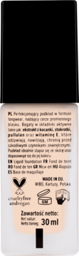 Jasny, długotrwały podkład w płynie, butelka z czarną nakrętką, tył z tekstem cruelty-free i 30 ml.