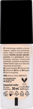 Tył beżowej butelki perfekcjonującego podkładu WIBO 30ml, z opisem PL/EN, cruelty-free i vegan.