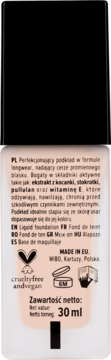 Beżowy, długotrwały podkład do twarzy w butelce z czarną nakrętką. Widok z tyłu z opisem i logo cruelty-free.