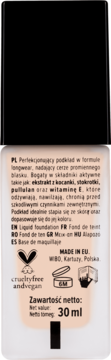 Tył beżowej butelki podkładu longwear, widoczne polskie opisy, certyfikat cruelty-free i wegan, 30 ml.