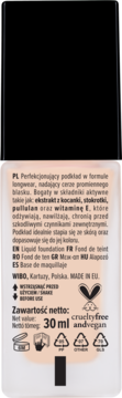 Tył butelki perfekcjonującego podkładu WIBO, 30 ml, w odcieniu beżu, z opisem PL/EN i ikonami cruelty-free.