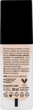 Tył opakowania Wibo płynnego podkładu 30 ml w beżowej butelce, z widocznym tekstem i symbolami cruelty-free/vegan.