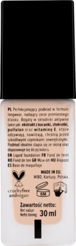 Tył butelki podkładu longwear Wibo 30ml, widok z bliska na etykietę z opisem i ikonami cruelty-free/vegan.