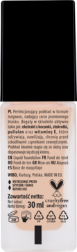 Tył opakowania perfekcjonującego podkładu WIBO 30ml, beżowy odcień, cruelty-free, wegański.