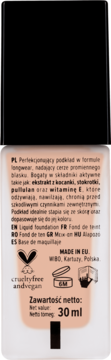 Tył beżowego podkładu do twarzy, opis PL/EN, cruelty-free i wegan, Made in EU, 30 ml.
