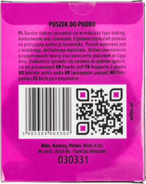 Tył różowego opakowania Wibo Puszek do Pudru z polskim opisem zastosowania, kodem kreskowym i QR.