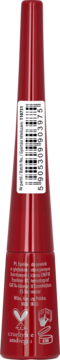 Tył bordowego eyelinera WIBO Claret z kodem kreskowym i ikonami cruelty-free, widok na etykietę.
