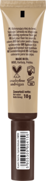 Tył beżowego kleju do brwi Wibo Color Brow Glue, z opisem produktu, ikonami cruelty-free i kodem kreskowym.