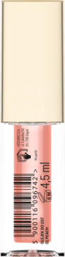Pielęgnujący olejek do ust Glow Oil 01 Peach w transparentnej butelce, widoczna złota zakrętka i etykieta.